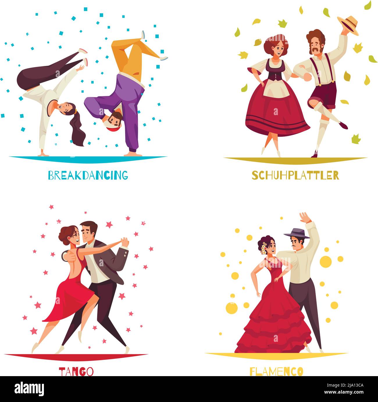 Giornata internazionale della danza 2x2 design set di breakdancing flamenco tango flat composizioni illustrazione vettoriale Illustrazione Vettoriale
