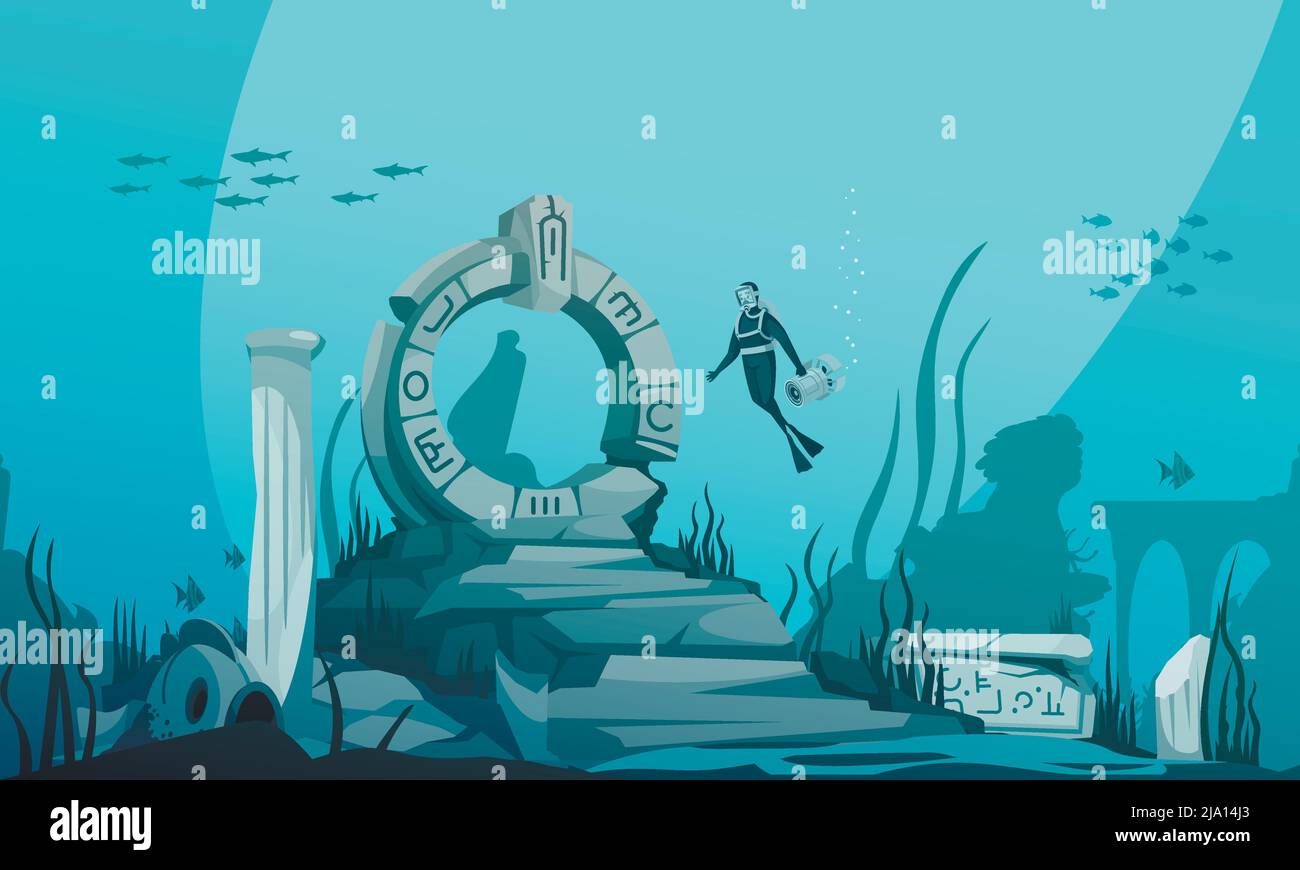 Sunken atlantis cartoon fondo subacqueo con antiche rovine e driver personaggio illustrazione vettoriale Illustrazione Vettoriale