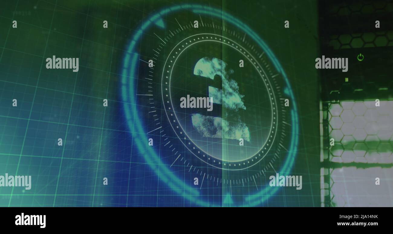 Immagine del simbolo della sterlina inglese sul blocco dell'elaborazione dei dati in modalità di rotazione sicura Foto Stock