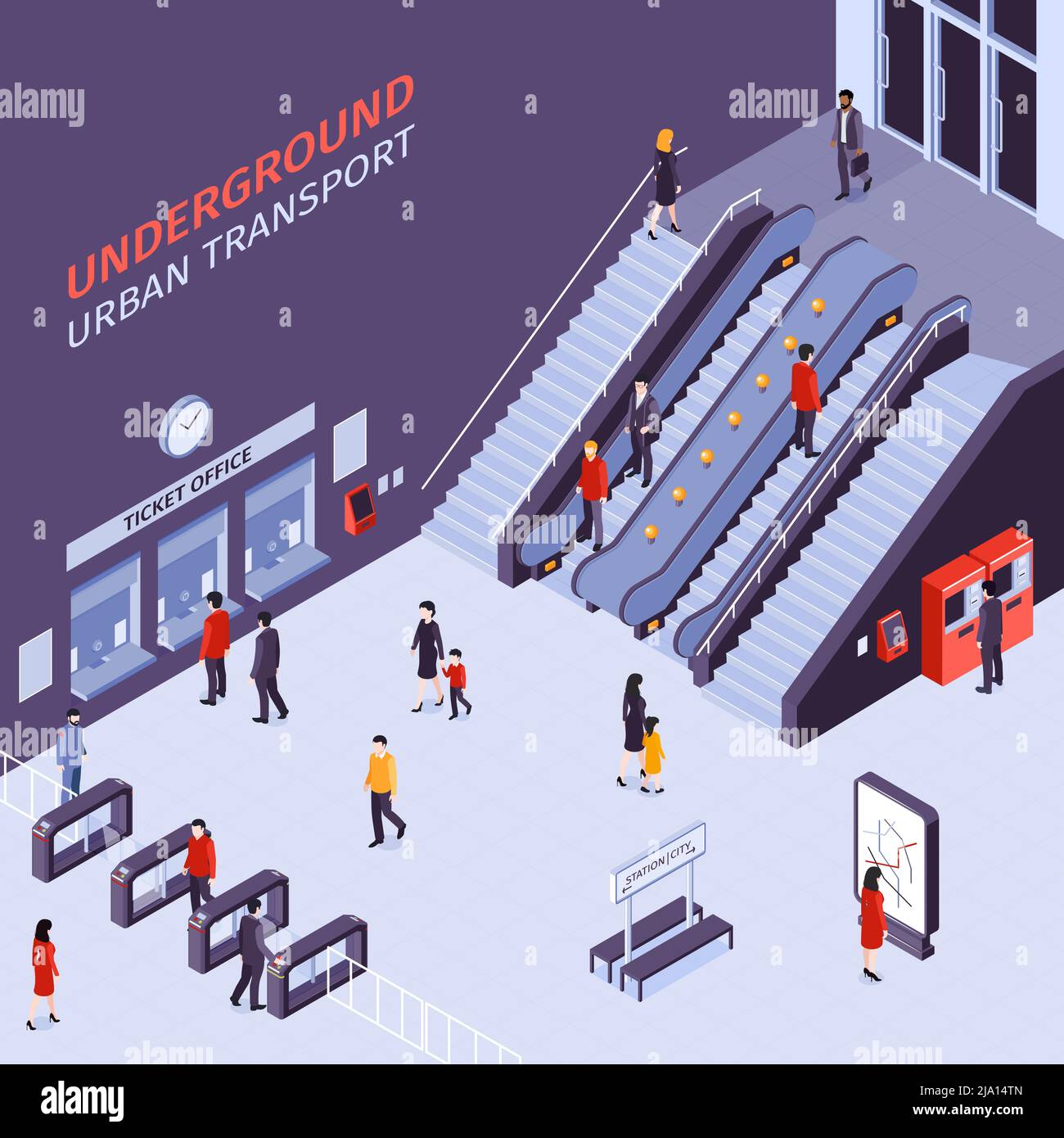 Metropolitana metropolitana trasporto urbano stazione metropolitana entrata uscita isometrica vista con scale mobili tornello cancelli passeggeri illustrazione vettoriale Illustrazione Vettoriale