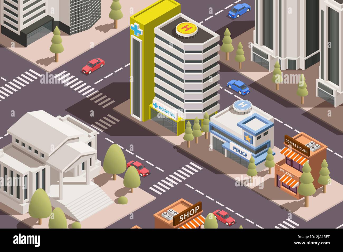 Città moderna con edifici amministrativi residenziali e uffici strade trasporto 3d isometrica illustrazione vettoriale Illustrazione Vettoriale