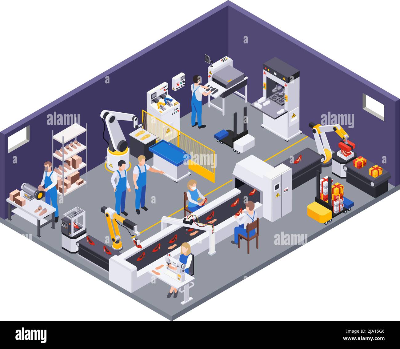 Produzione calzature composizione isometrica con vista del reparto produzione con attrezzature di trasporto manipolatore e operaio illustratore vettoriale Illustrazione Vettoriale