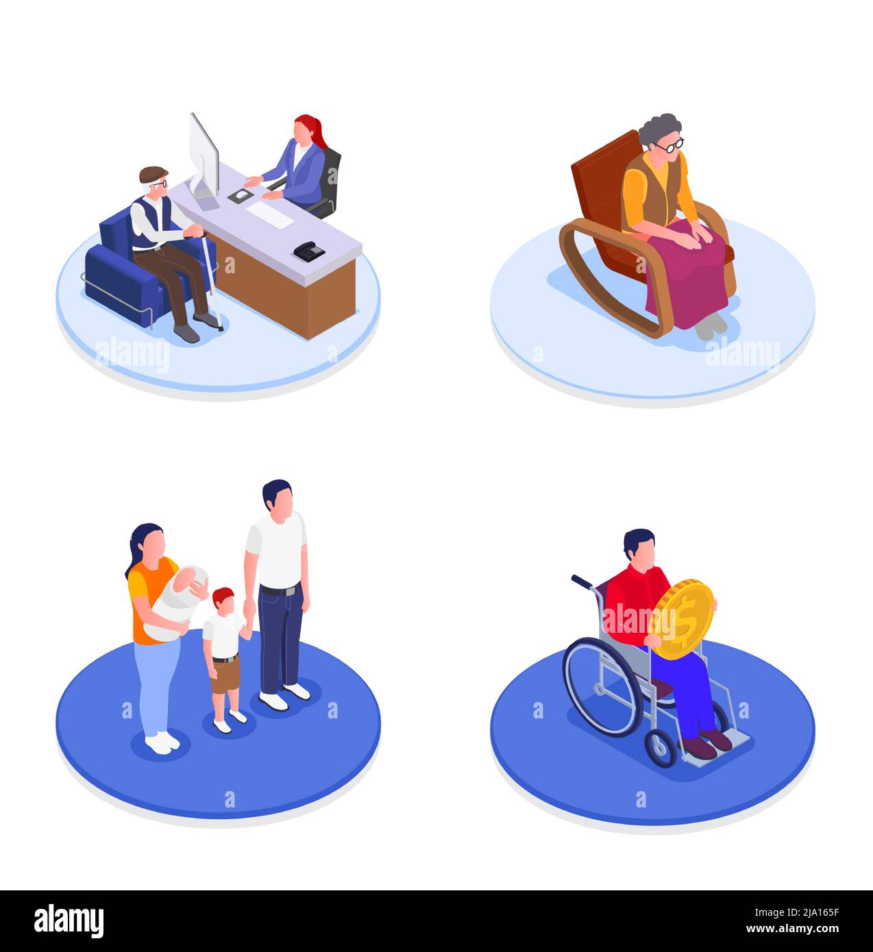 Previdenza sociale 2x2 progettazione insieme di prestazioni familiari aiutare a anziani disoccupati e disabili illustrazione vettoriale isometrica Illustrazione Vettoriale