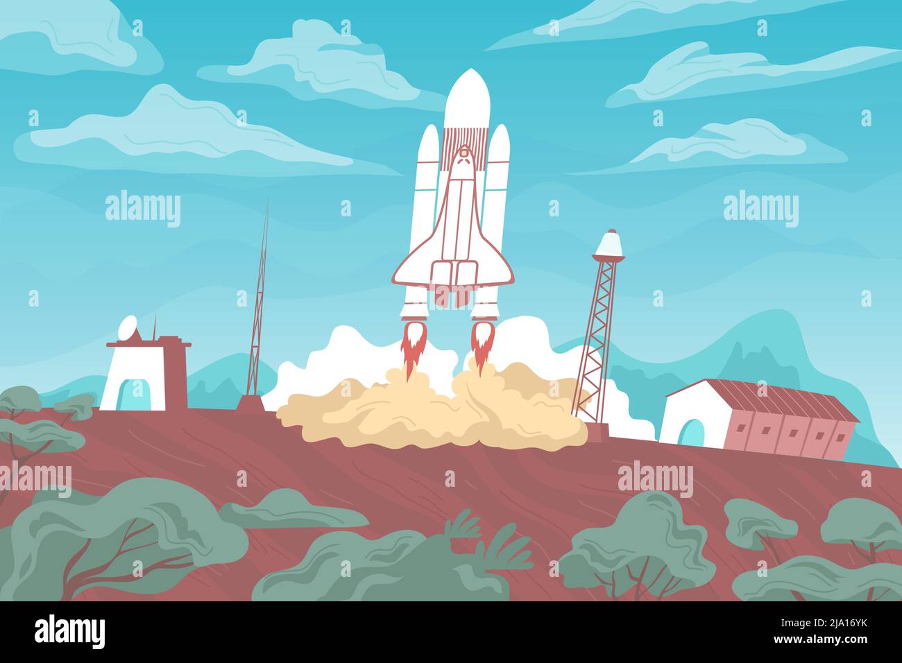 Rocket lancio piatto composizione con vista esterna di Rocket a partire da rampa di lancio con tracce vettore illustrazione Illustrazione Vettoriale