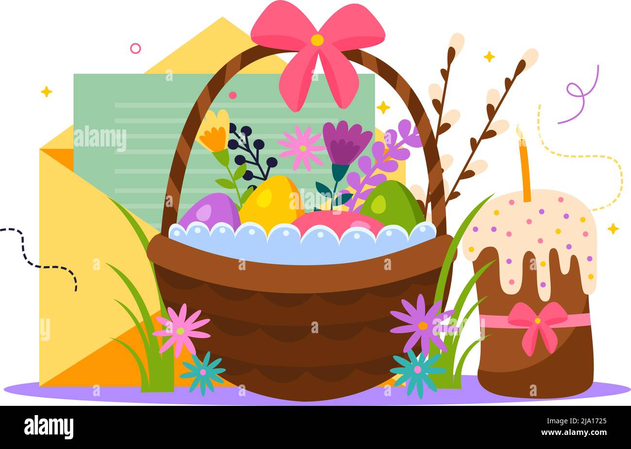 Composizione piatta di Pasqua con fiori di uova colorati e illustrazione vettoriale di candela Illustrazione Vettoriale