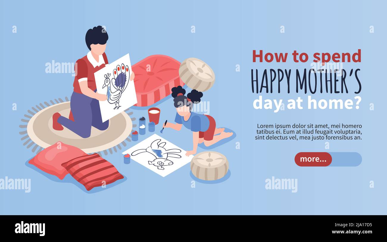 Banner isometrico della maternità con illustrazione vettoriale dei simboli della famiglia e del passatempo Illustrazione Vettoriale