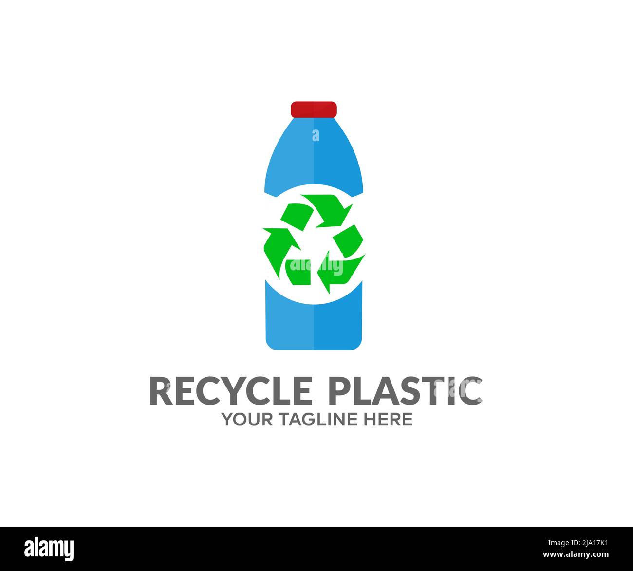 Riciclaggio bottiglia in plastica, imballaggio in plastica per alimenti, riutilizzo dei rifiuti, riciclaggio, logo senza plastica. Riciclaggio della plastica. Inquinamento ambientale. Illustrazione Vettoriale