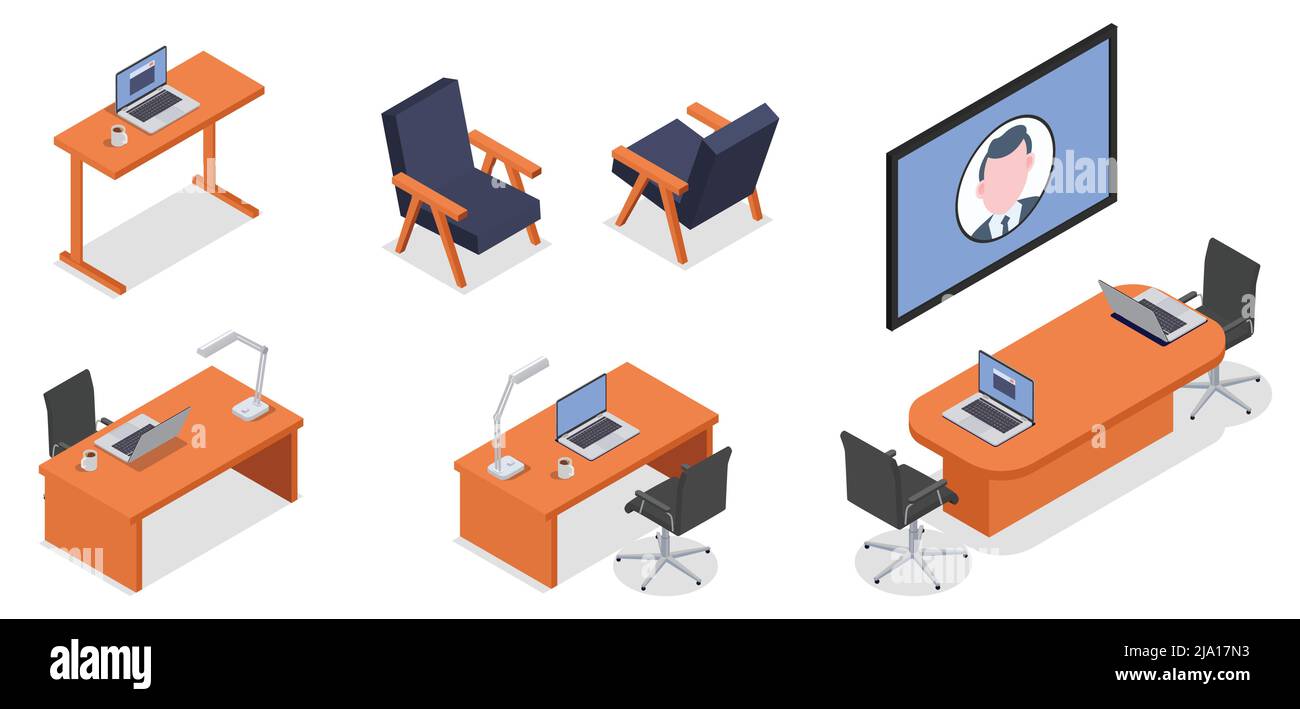 Icone isometriche Set di mobili e computer per posti di lavoro remoti isolato su sfondo bianco 3D illustrazione vettoriale Illustrazione Vettoriale