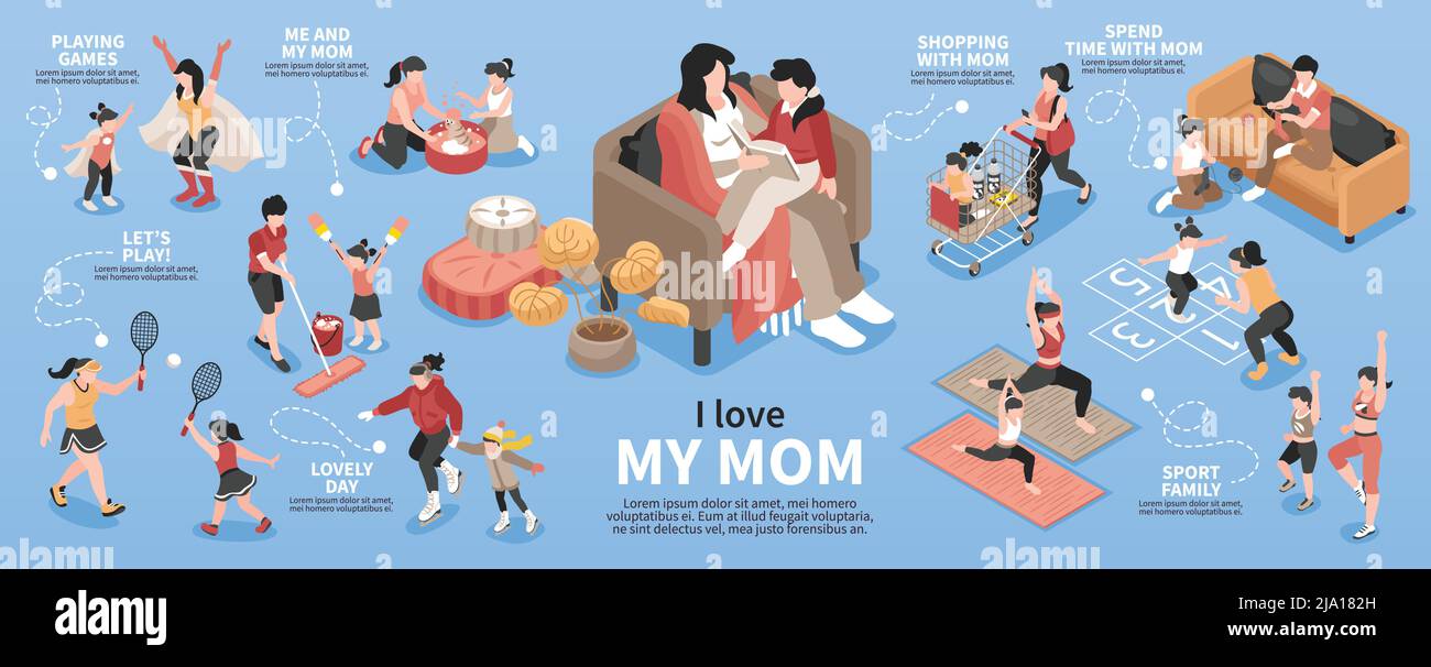 Infografica isometrica della maternità con illustrazione vettoriale dei simboli della famiglia e del passatempo Illustrazione Vettoriale