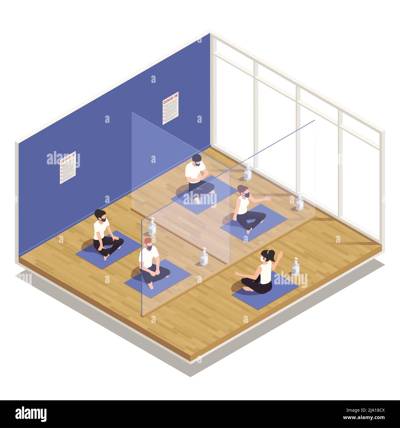 Palestra fitness class pandemie precauzioni yoga insegnanti partecipanti in maschere separate da barriere plastiche composizione isometrica illustrazione vettoriale Illustrazione Vettoriale