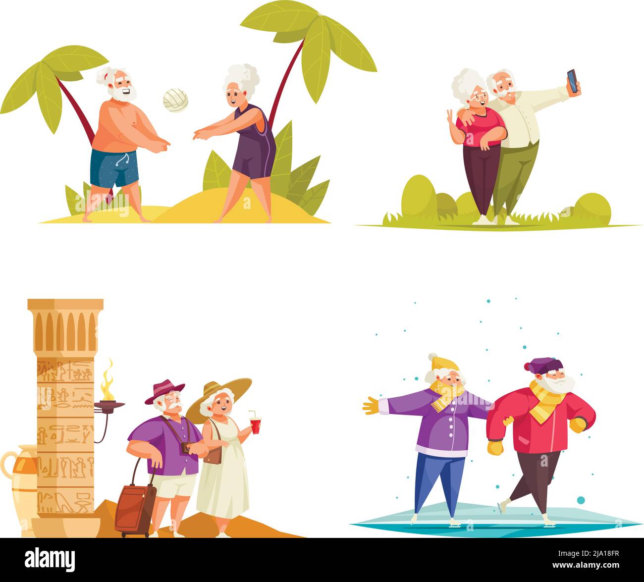 Old People Physical activity concept 4 composizioni cartoon con pattinaggio in viaggio giocare Beach volley coppie illustrazione vettoriale Illustrazione Vettoriale