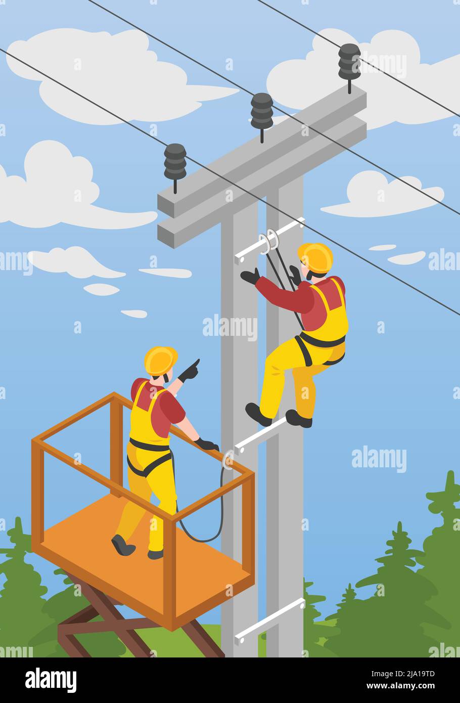 Sfondo isometrico elettricista con sistemi alti e simboli di pericolo illustrazione vettoriale Illustrazione Vettoriale