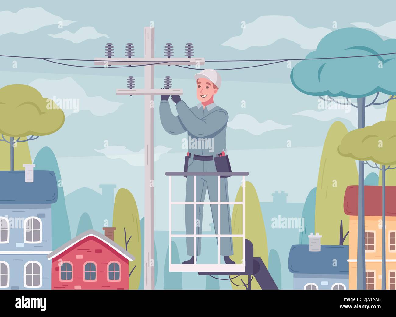 Composizione di cartone animato per elettricisti con scenario esterno e uomo in uniforme lavorando con linee elettriche su illustrazione post-vettoriale Illustrazione Vettoriale