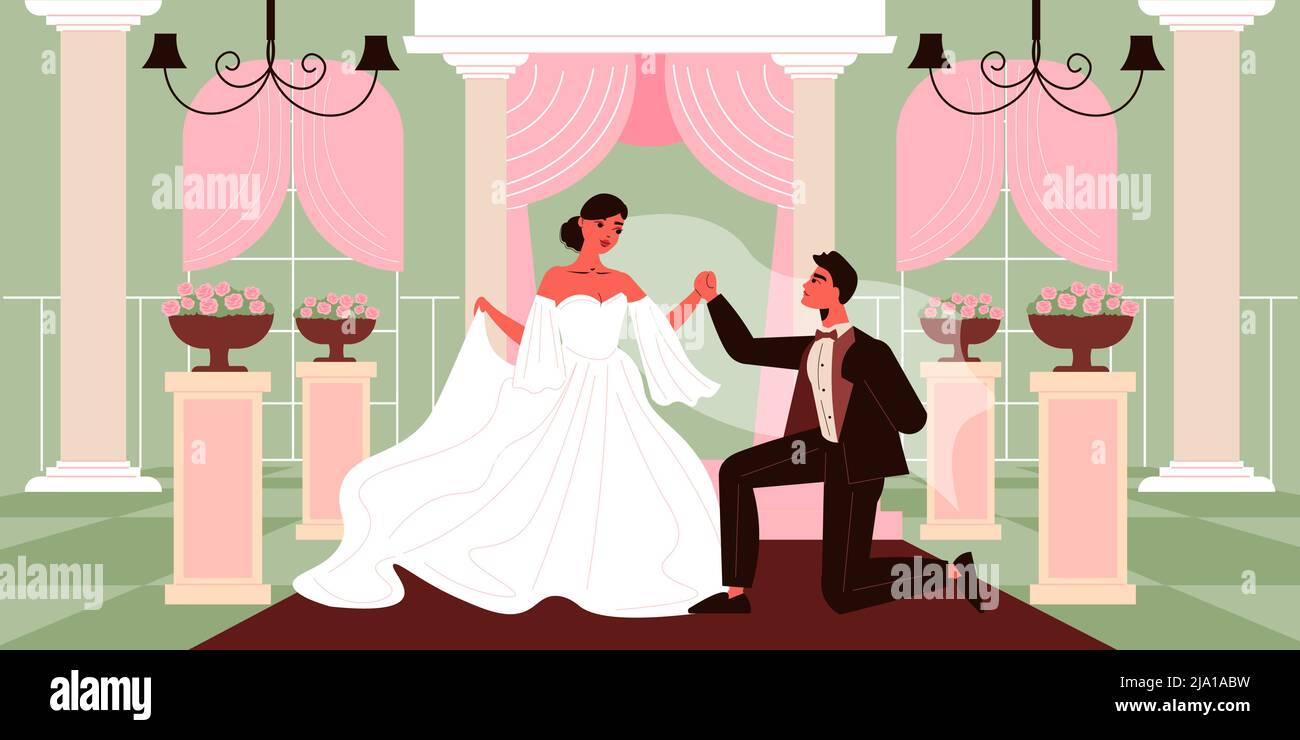 Composizione di coppie di nozze con interni interni al coperto e personaggi di sposa e sposo in costumi intelligenti illustrazione vettoriale Illustrazione Vettoriale