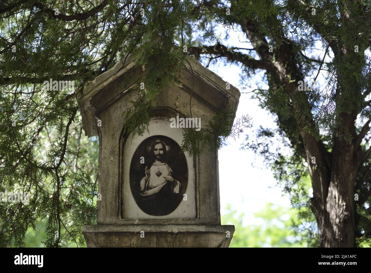 Vienna, Austria. Il cimitero centrale di Vienna. Lapide con immagine di Gesù Foto Stock