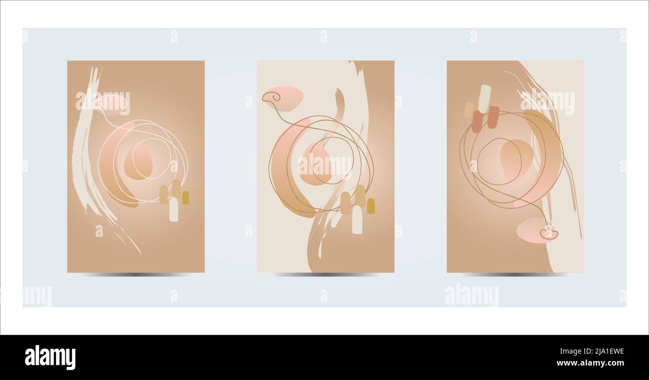 3 Abstract Designs Contemporary Art Circle Bubble Doodles carta disegnata a mano cartolina Oro sabbia Avorio Blush Colors Illustrazione Vettoriale