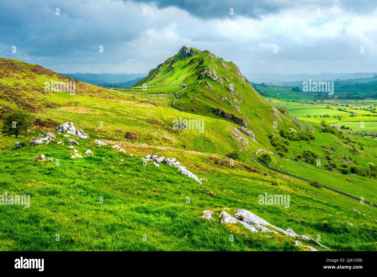 Chrome Hill nel Peak District National Park, Regno Unito, un picco di forma nel calcareo White Peak Foto Stock