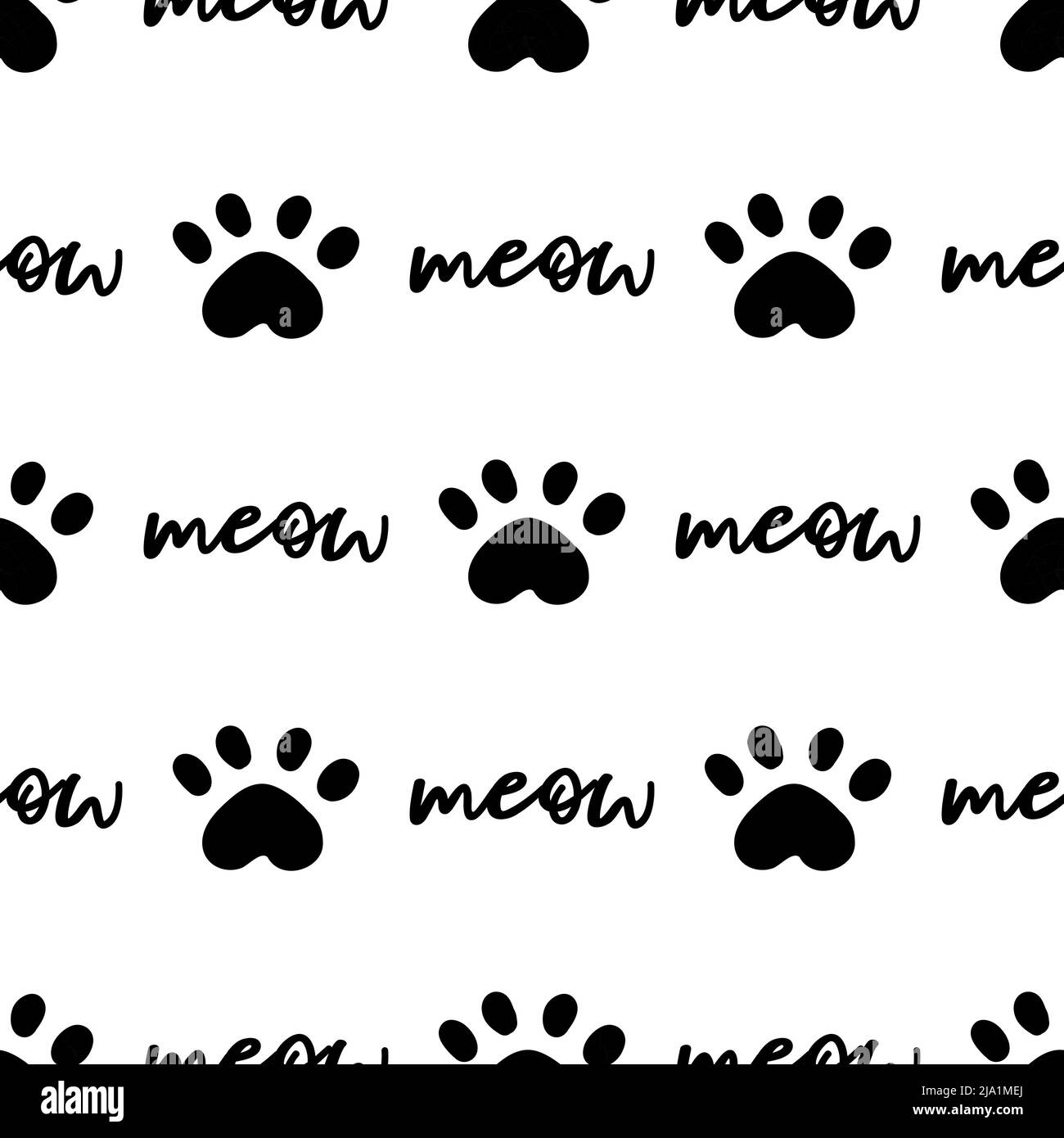 Modello senza cuciture Black Cat. Illustrazione del vettore di sfondo delle zampe meuca e gatto. Carino personaggio pastello cartoon per la stampa bambino ragazza asilo. Illustrazione Vettoriale