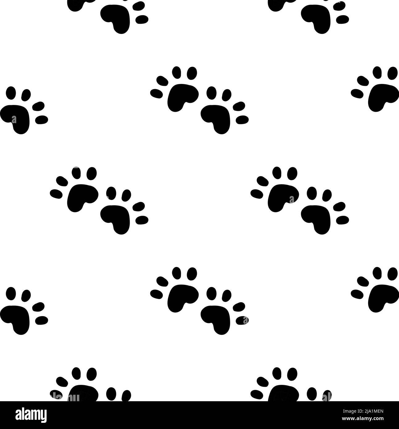 Modello senza cuciture Black Cat. Illustrazione del vettore di sfondo delle zampe meuca e gatto. Carino personaggio pastello cartoon per la stampa bambino ragazza asilo. Illustrazione Vettoriale