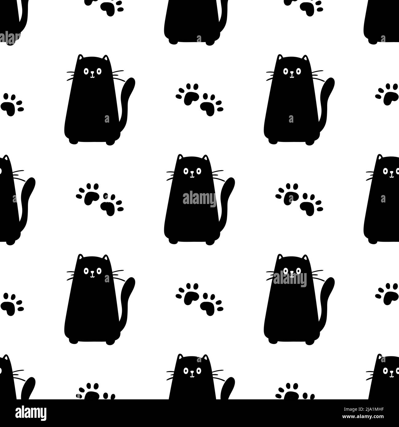 Modello senza cuciture Black Cat. Illustrazione del vettore di sfondo delle zampe meuca e gatto. Carino personaggio pastello cartoon per la stampa bambino ragazza asilo. Illustrazione Vettoriale