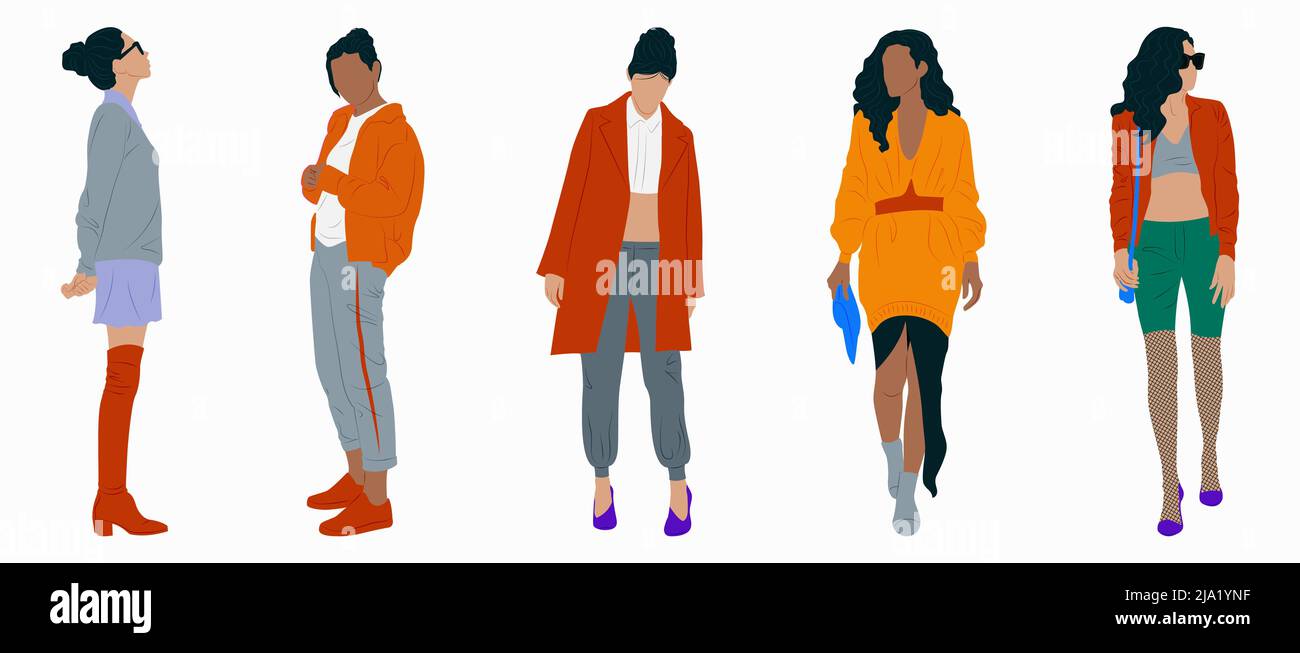 Set con donne eleganti in diversi abiti. Illustrazione Vettoriale