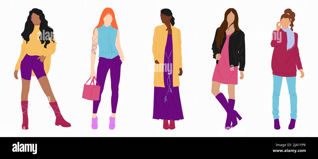 Set con donne eleganti in diversi abiti. Illustrazione Vettoriale