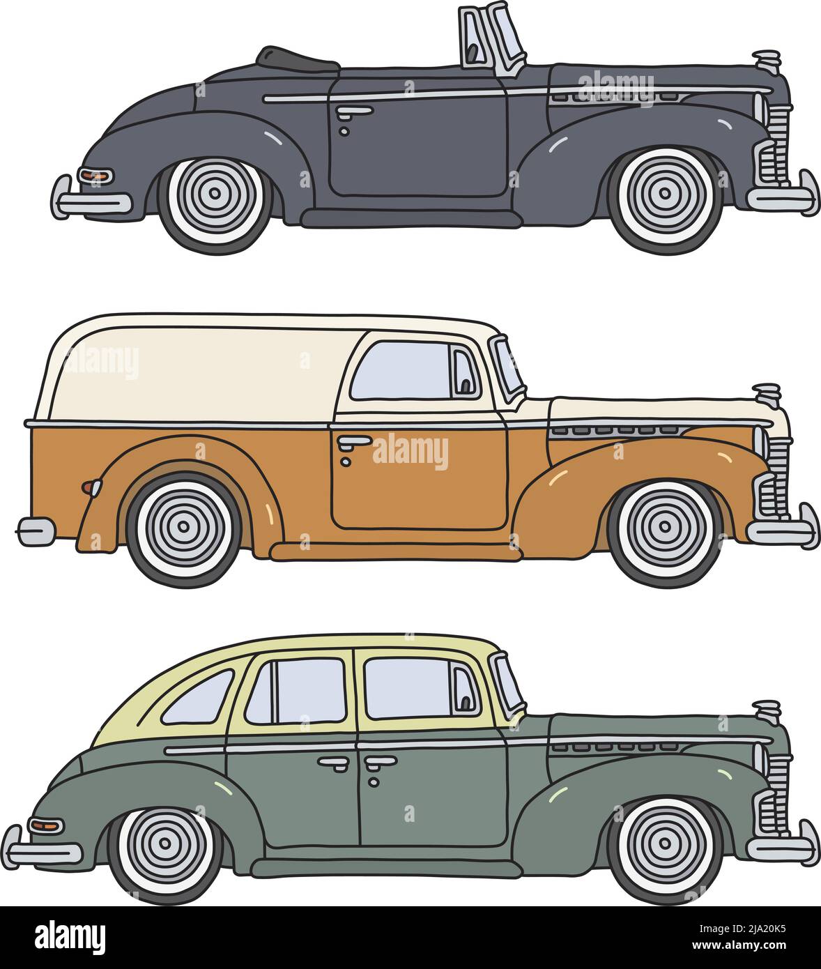 Il disegno a mano vettorizzato di tre auto retrò americane Illustrazione Vettoriale