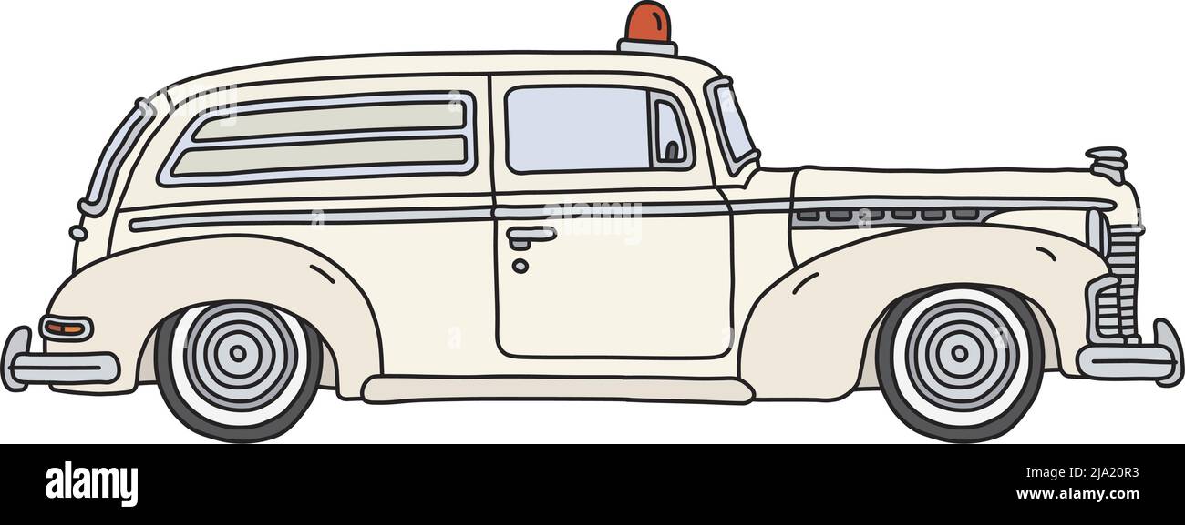 Il disegno a mano vettorizzato di un carro di stazione di ambulanza retrò Illustrazione Vettoriale