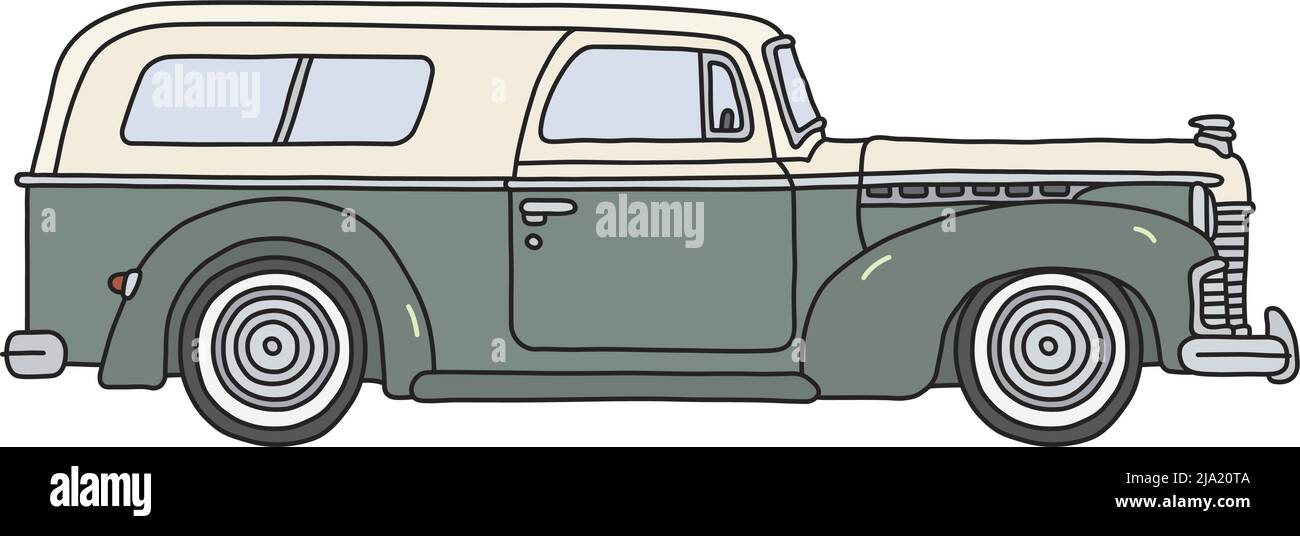 Il disegno a mano vettorizzato di un vecchio carro di stazione grigio verde e bianco Illustrazione Vettoriale