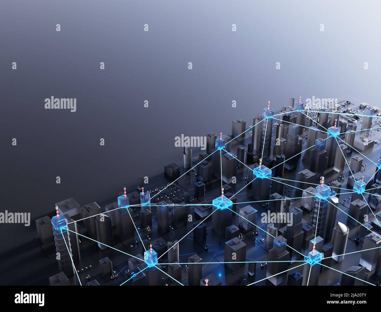 Città moderna e futuristica. Internet, concetto di reti decentralizzate. Sfondo astratto. Rendering digitale 3D. Foto Stock