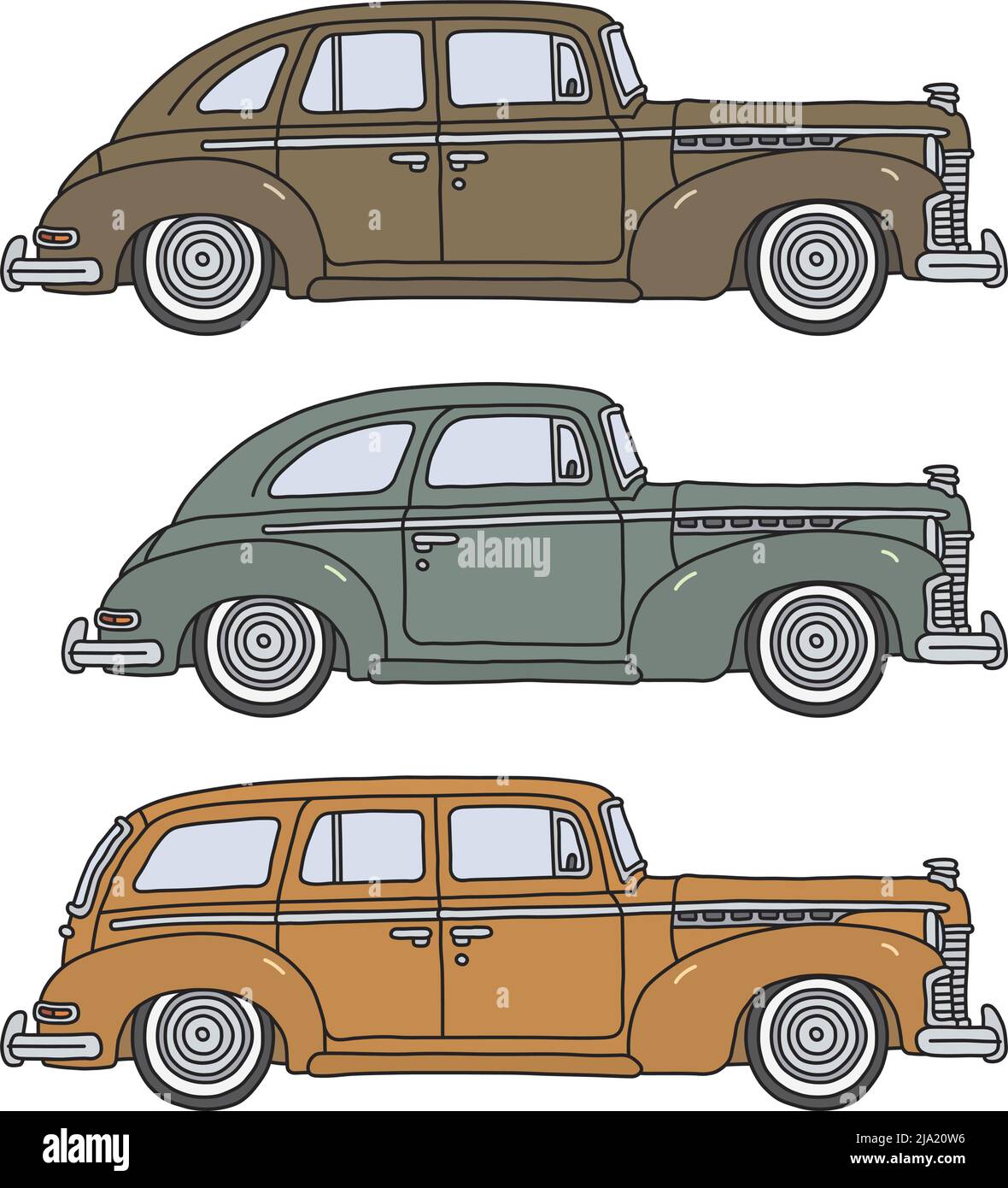 Il disegno a mano vettorizzato di tre grandi auto personali retrò Illustrazione Vettoriale