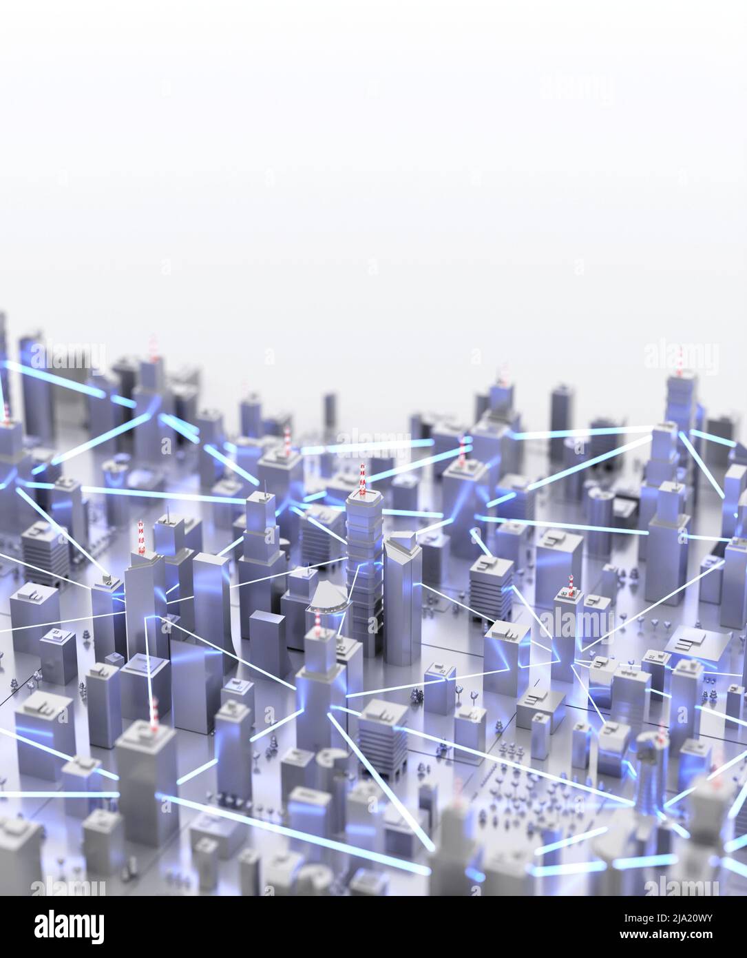 Città moderna e futuristica. Internet, concetto di reti decentralizzate. Sfondo astratto. Rendering digitale 3D. Foto Stock