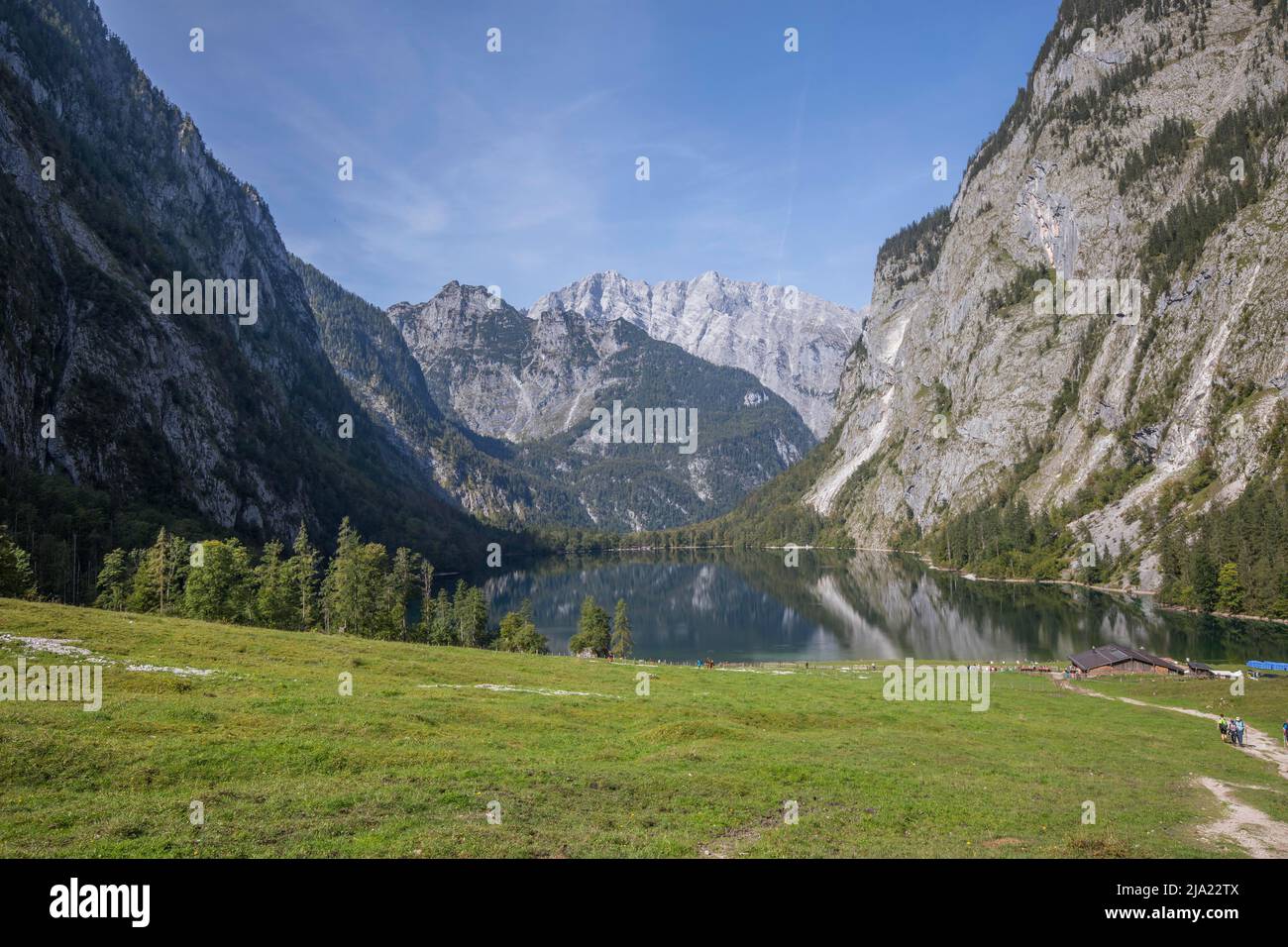 Blick auf Watzman vom Obersee nahe Koenigssee, Berchtesgaden, Bayern, Deutschland Foto Stock