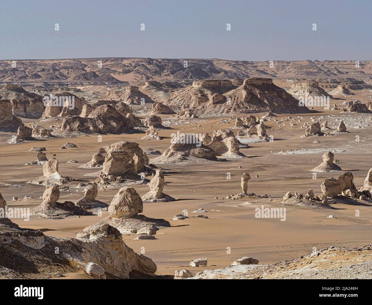 Ampia valle con sculture in gesso nel Westside, deserto Bianco occidentale, vicino all'Oasi Bahariya, Egitto Foto Stock