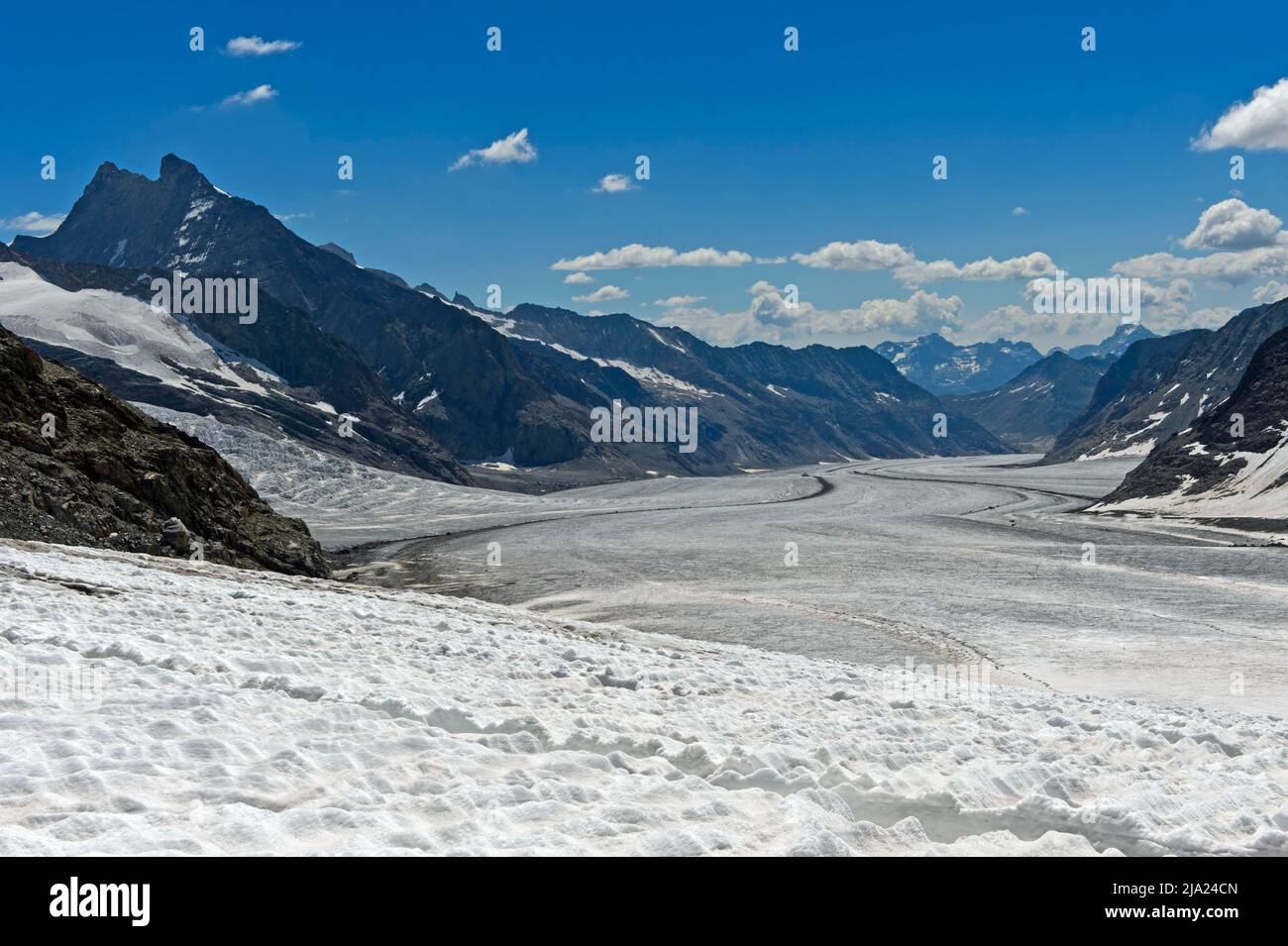 Vista da Jungfraufirn a Konkordiaplatz e il ghiacciaio Aletsch, Fiescher Gabelhorn sulla sinistra, Jungfraujoch, Grindelwald, Oberland Bernese Foto Stock