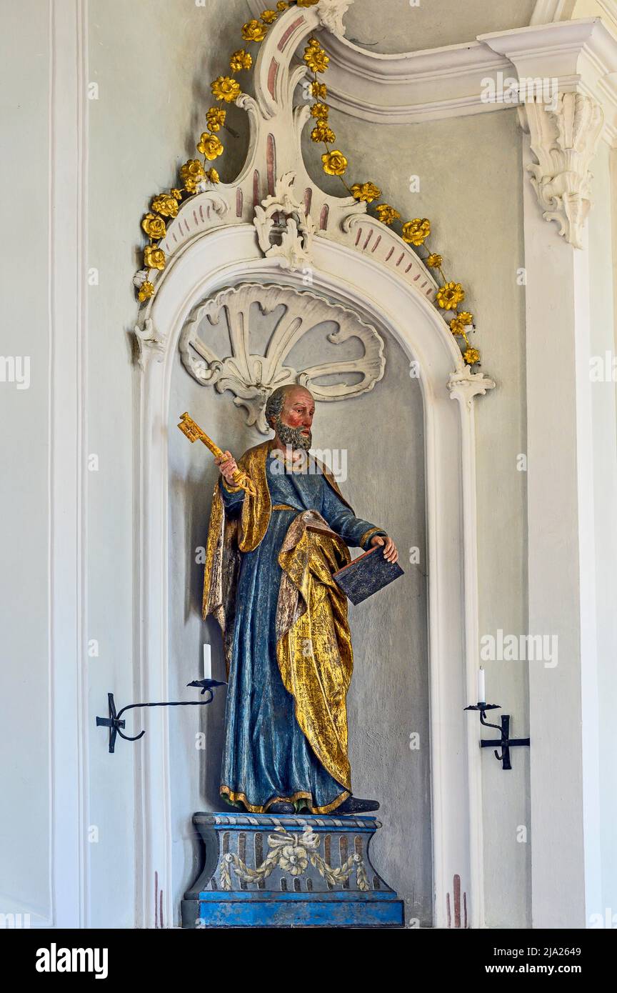Figura di un santo, San Giuseppe con chiave, Cappella Mariaberg del 1783, Visitazione della Vergine Maria, in stile rococò, edificio storico a Mariaberg Foto Stock