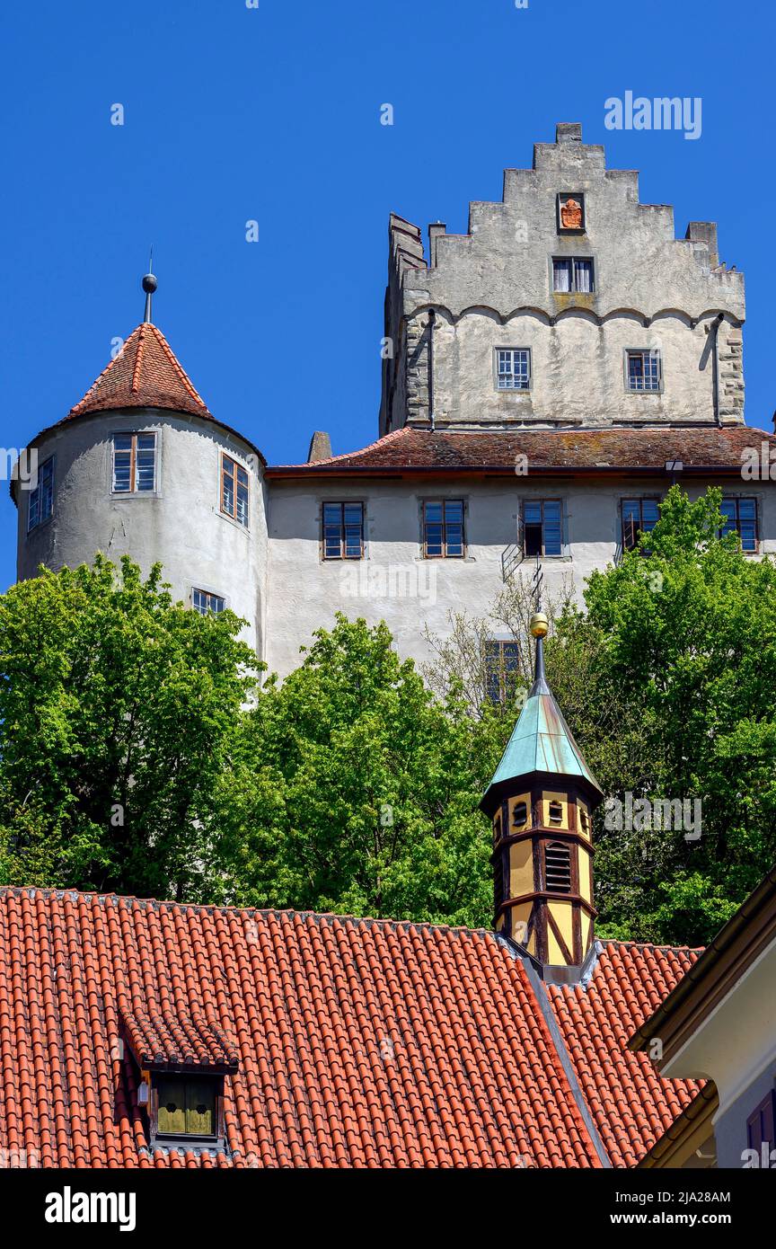 Castello, anche vecchio castello e tetto con tegole cave interbloccanti dormer e torretta, Meersburg, Lago di Costanza, Baden-Wuettemberg, Germania Foto Stock