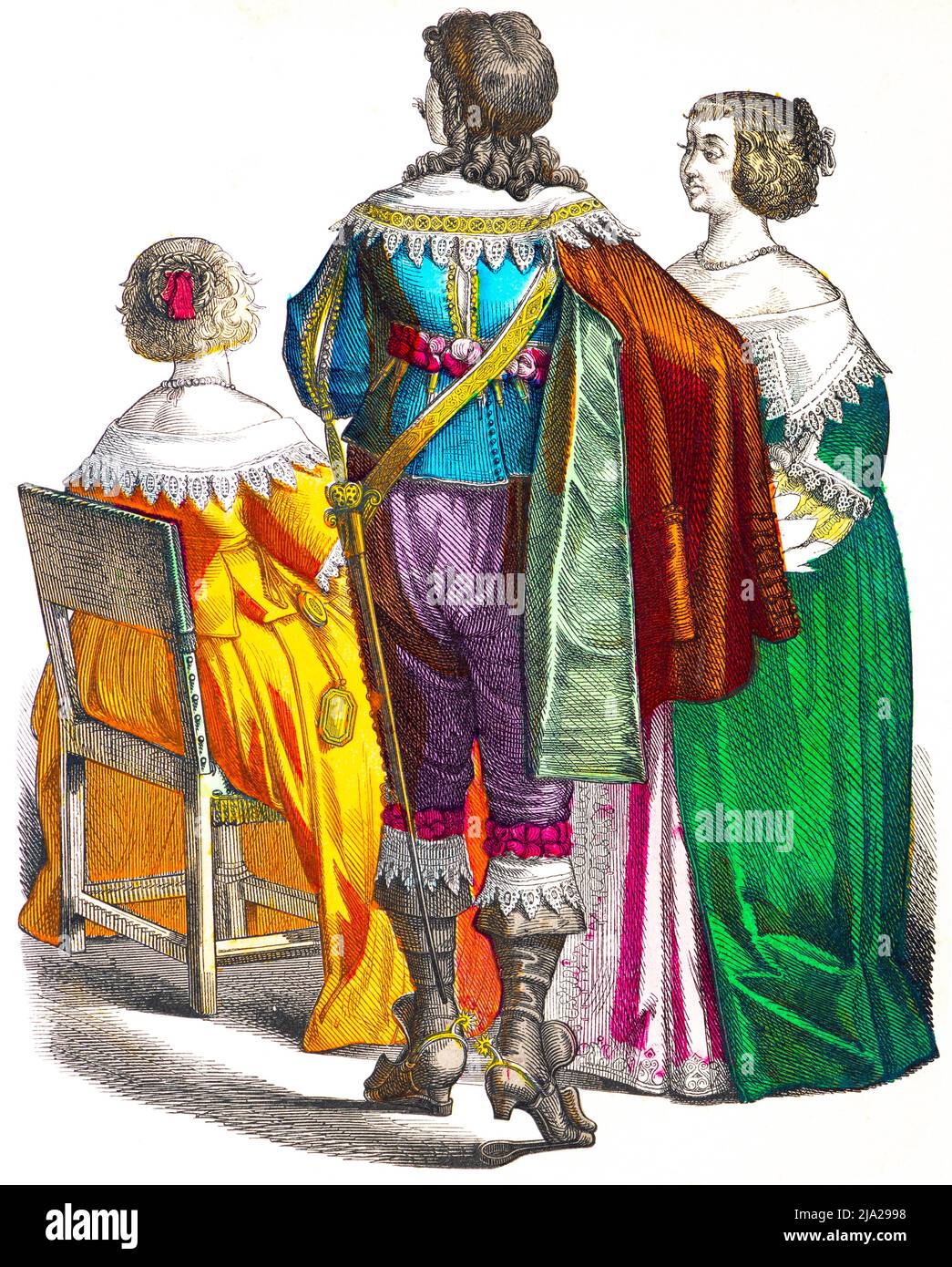 Muenchener Bilderbogen, costumi, Francia, primi del 17th secolo, nobili francesi, uomo, donna, gruppo, elegante, accappatoio, spada, sedia, ritratto, colorato Foto Stock