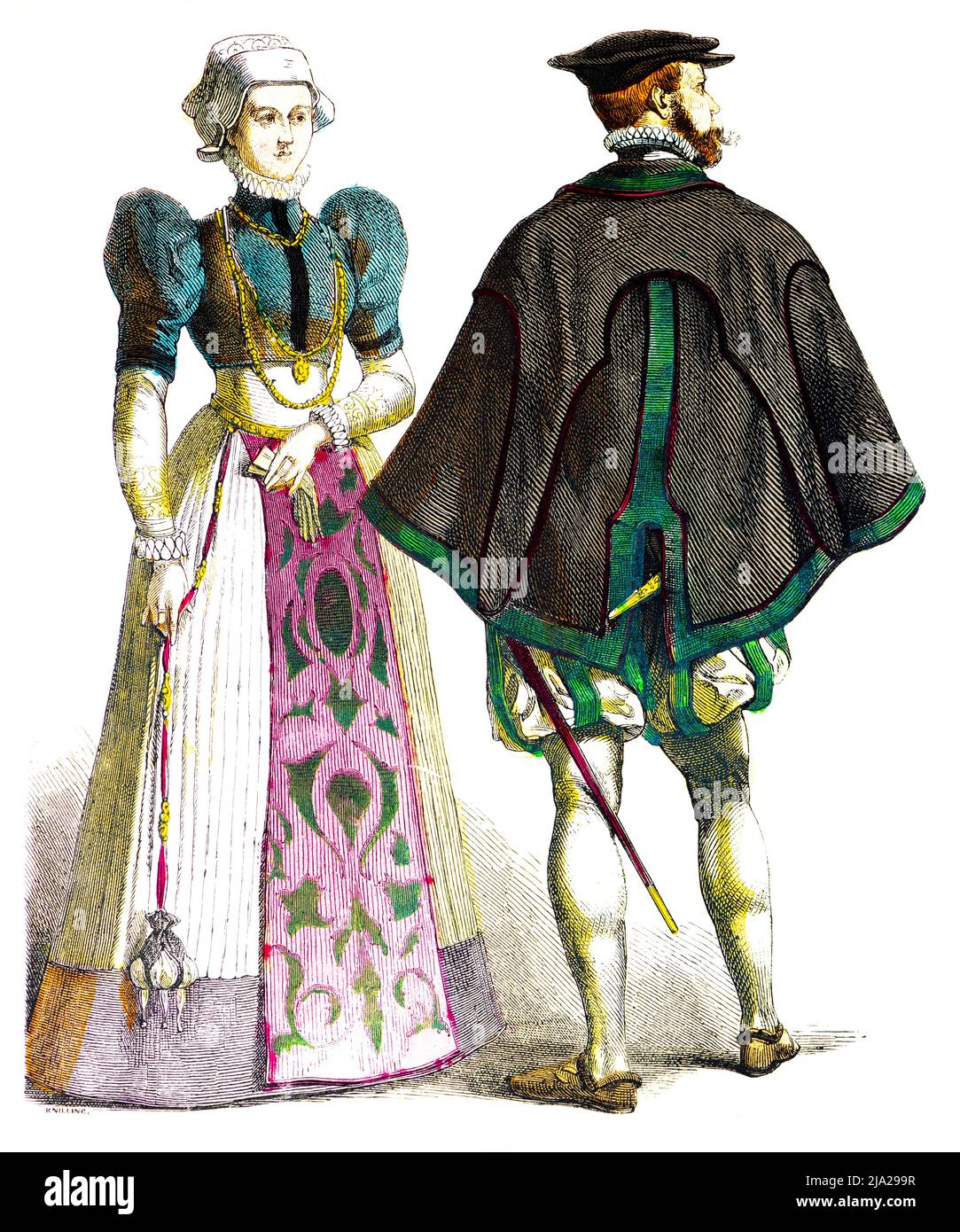 Muenchener Bilderbogen, costumi, fine 16th secolo, costume tradizionale tedesco, Germania, uomo, spada, donna, gioielli, elegante, accappatoio, ritratto Foto Stock