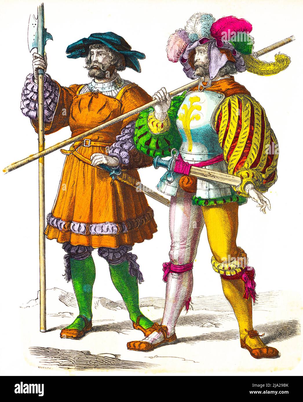 Foto di Monaco, costumi, primi del 16th secolo, Landsknechte tedesco, Germania, uomini, spada, lancia, due persone, ritratto, colorato storico Foto Stock