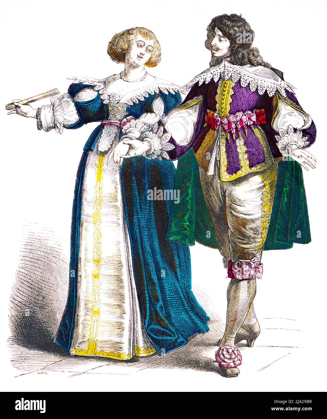 Muenchener Bilderbogen, costumi, Francia, primi del 17th secolo, nobili francesi, uomo, donna, elegante, accappatoio, ritratto, illustrazione storica colorata Foto Stock