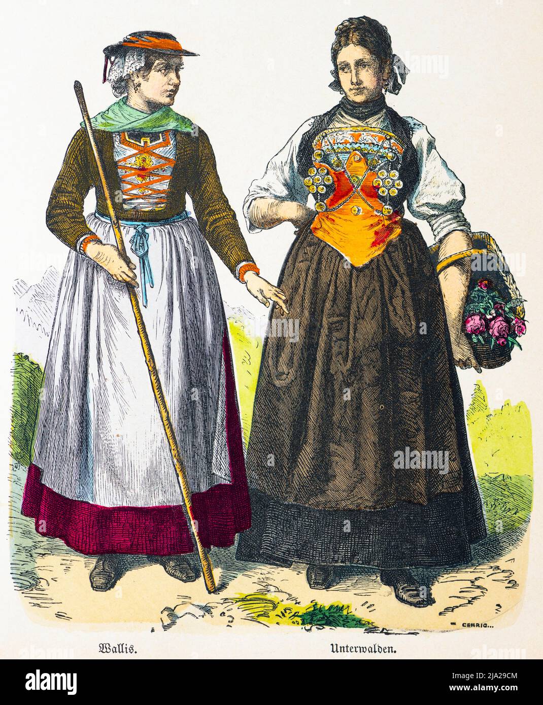 Muenchener Bilderbogen, Kostueme, Wallis, Unterwalden, Schweiz, 19. Jahrhundert, Tracht, Hut, Korb, Blumen, Zwei Frauen, Portraet, farbige Foto Stock