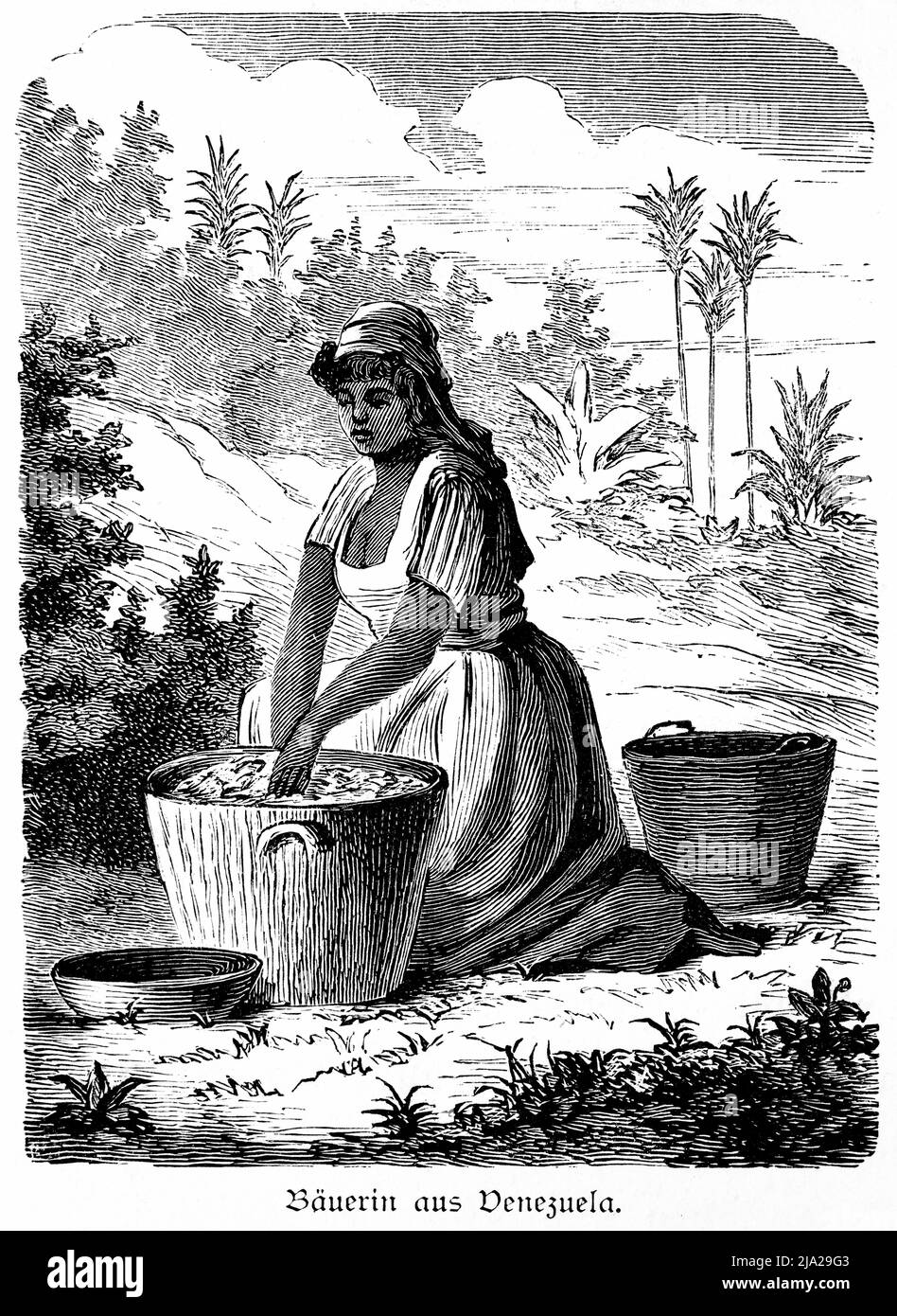 Donna contadina, raccolta, cestino, paesaggio, palme, Opera, ritratto, illustrazione storica 1881, Venezuela Foto Stock