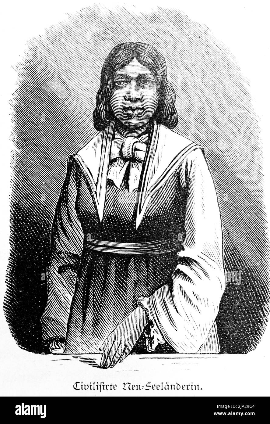 Giovane donna, abito, capelli lunghi, illustrazione storica 1881, Nuova Zelanda Foto Stock