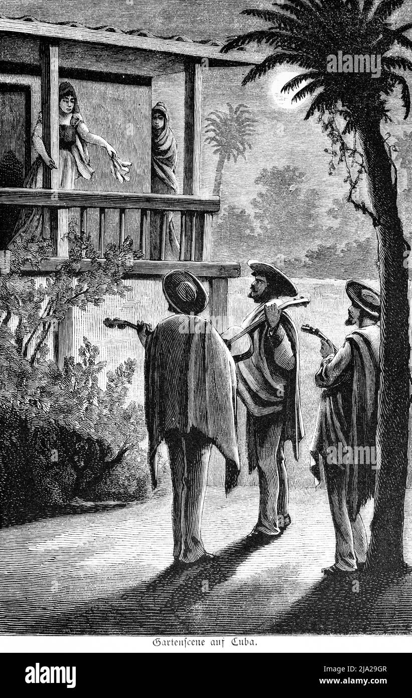 Due donne, tre uomini, casa, balcone, fazzoletto, musica, costume tradizionale, sombrero, giardino, palme, vista esterna, storica Foto Stock