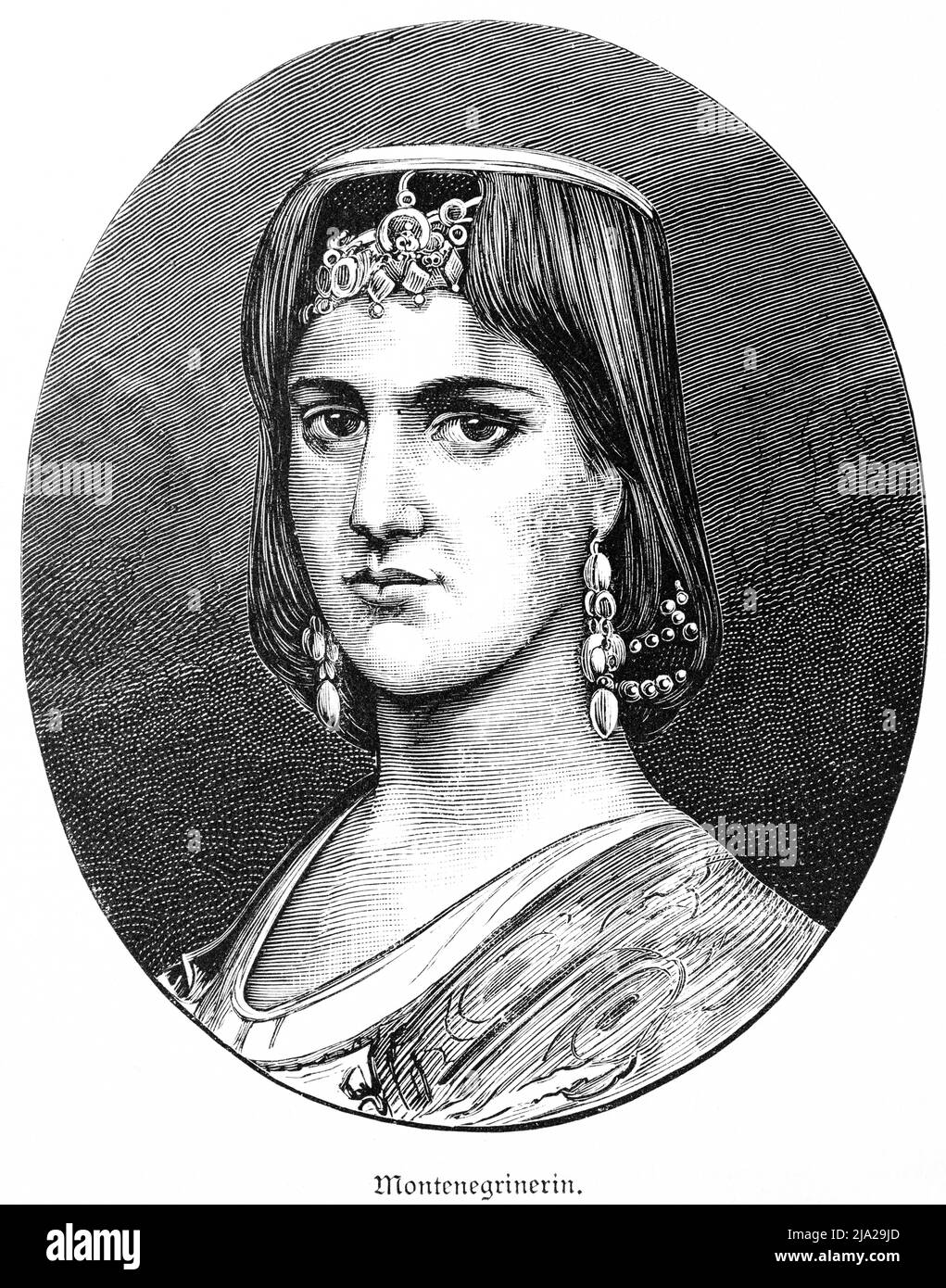 Giovane donna del Montenegro, molto gioielleria, sicuro di sé, immagine ovale, ritratto, illustrazione storica 1881 Foto Stock