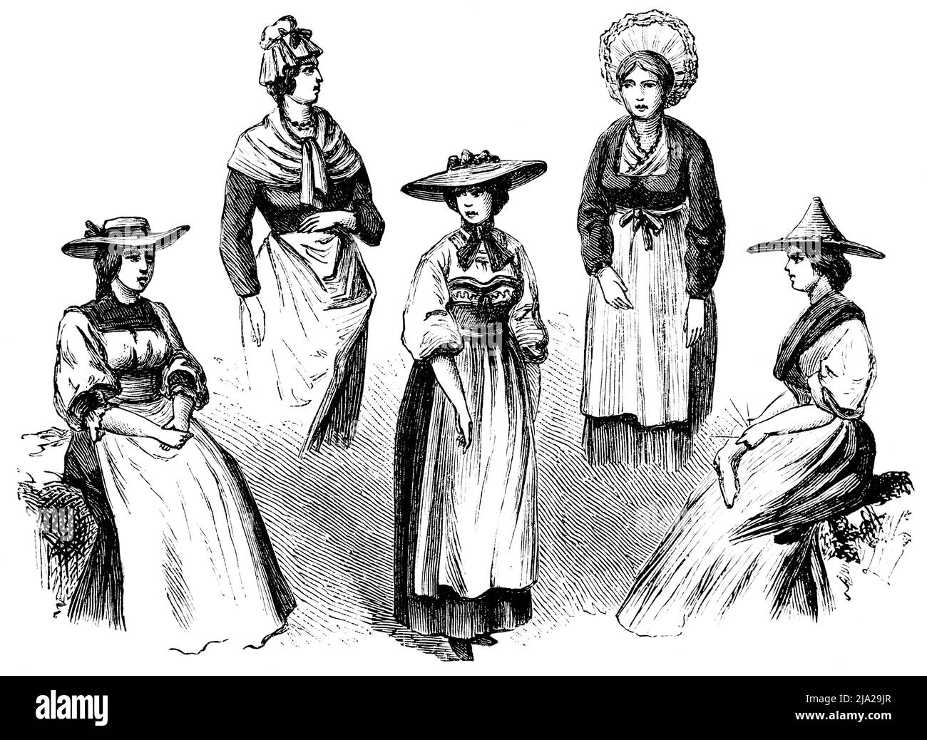 Donne svizzere da Lucerna (da sinistra a destra), Neuchatel, Aarau, Schwyz, Vaud, costume tradizionale tradizionale, ritratto, illustrazione storica 1881 Foto Stock