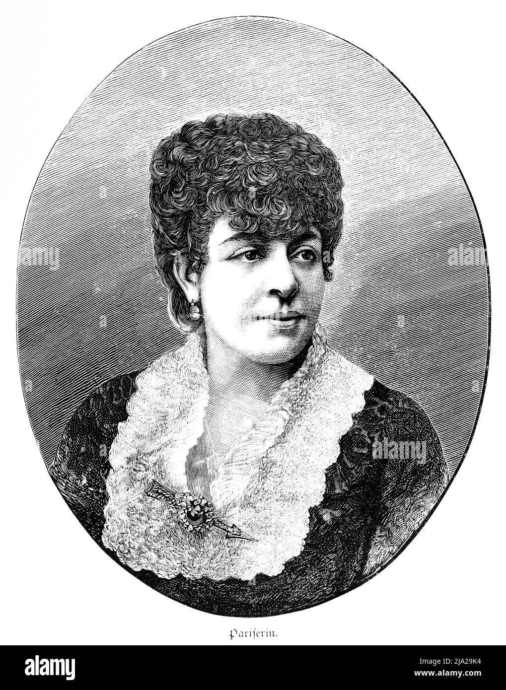 Giovane donna di Parigi, rufferi, ritratto ovale, spilla, ritratto, illustrazione storica 1881 Foto Stock