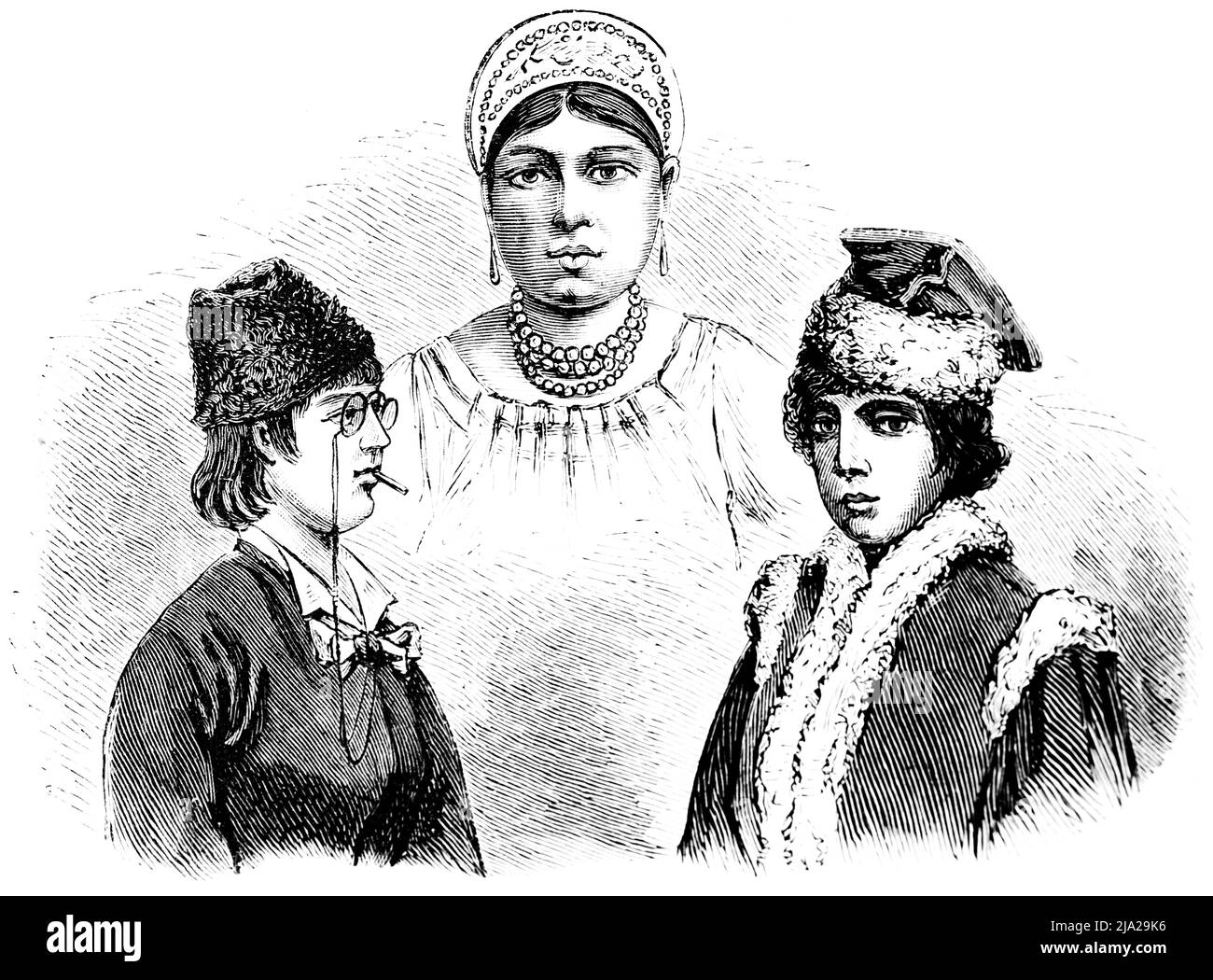 Tre giovani donne, Russia, abito tradizionale, occhiali, copricapo, collana, ritratto, illustrazione storica 1881 Foto Stock