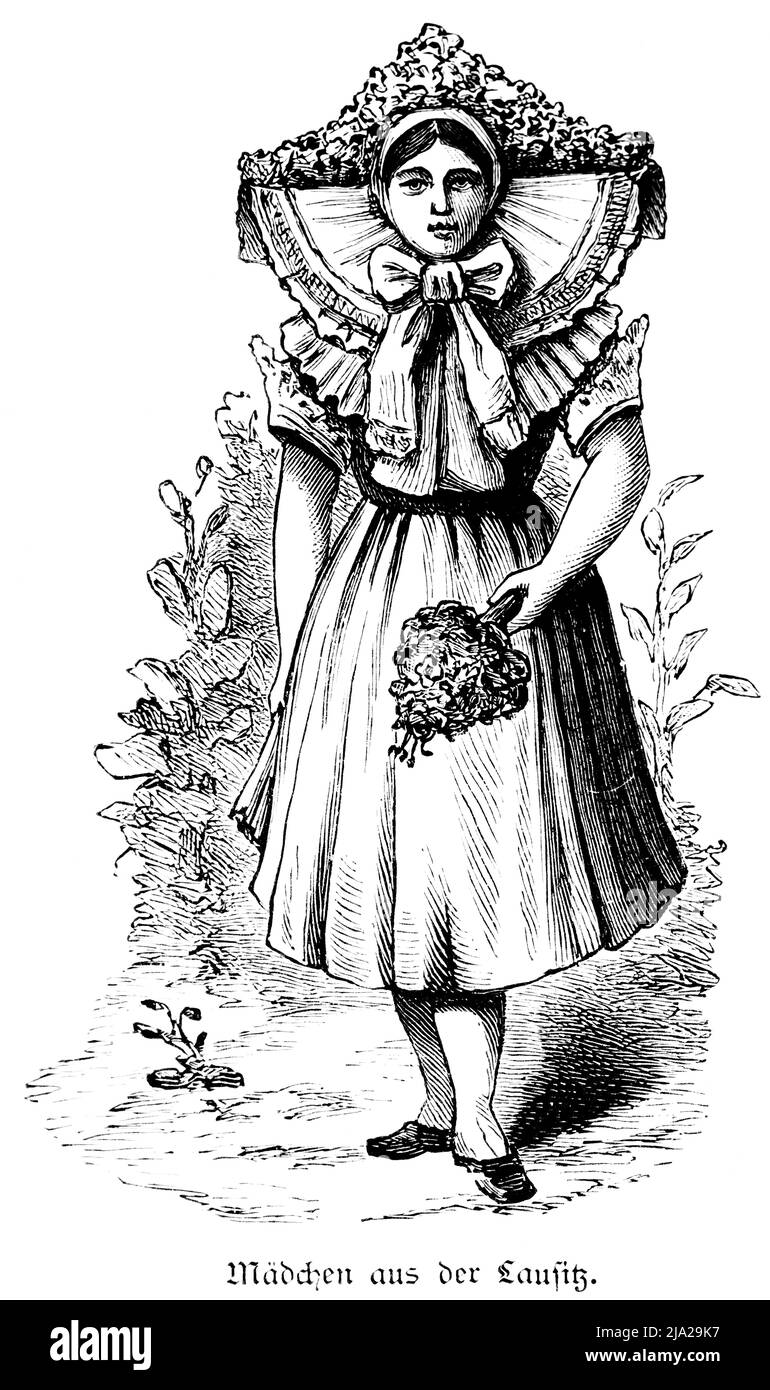 Giovane donna in costume tradizionale, Lusatia, Germania orientale, ritratto, bouquet di fiori, illustrazione storica 1881 Foto Stock